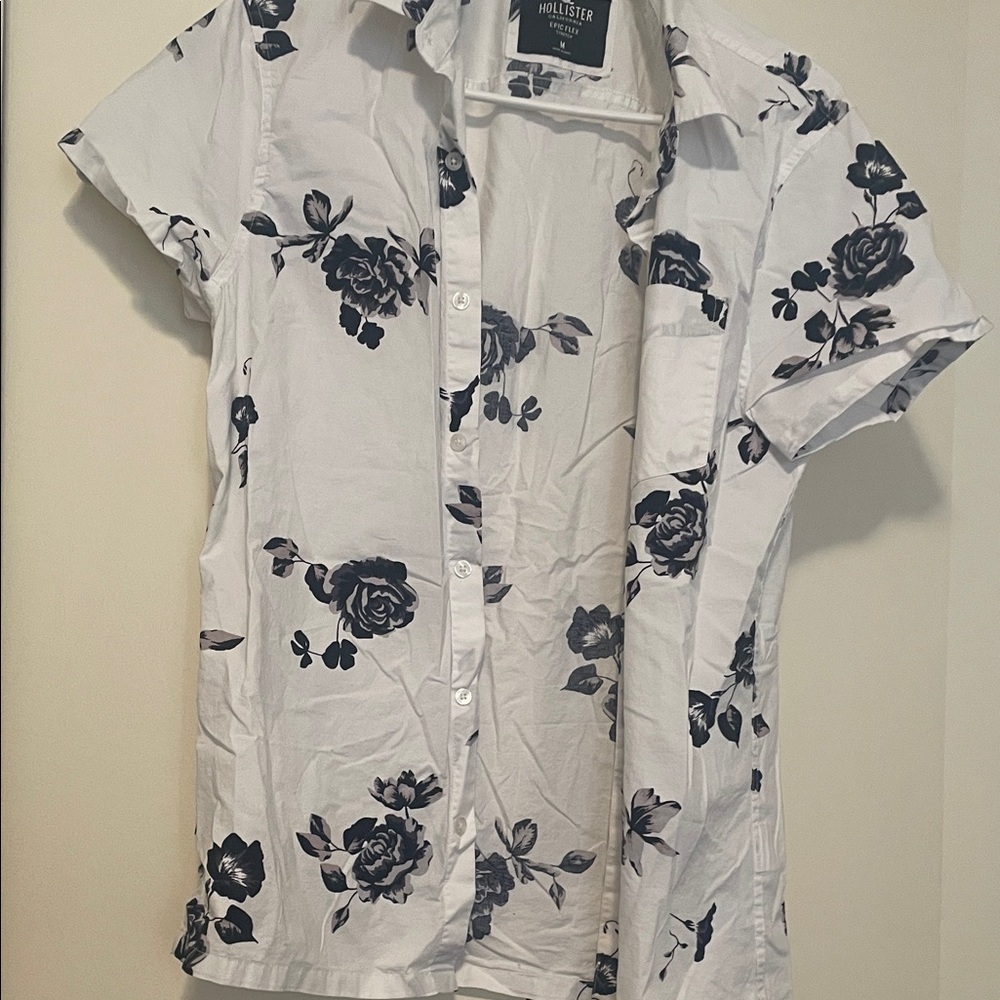 Hollister Men's White Shirt with Black Floral Design